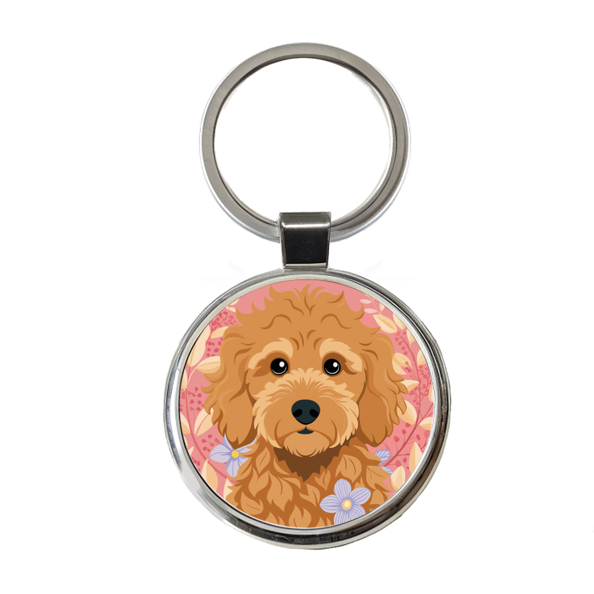 Golden Doodle Brown Head Floral Motif Pink Dog Round Metal Keychain