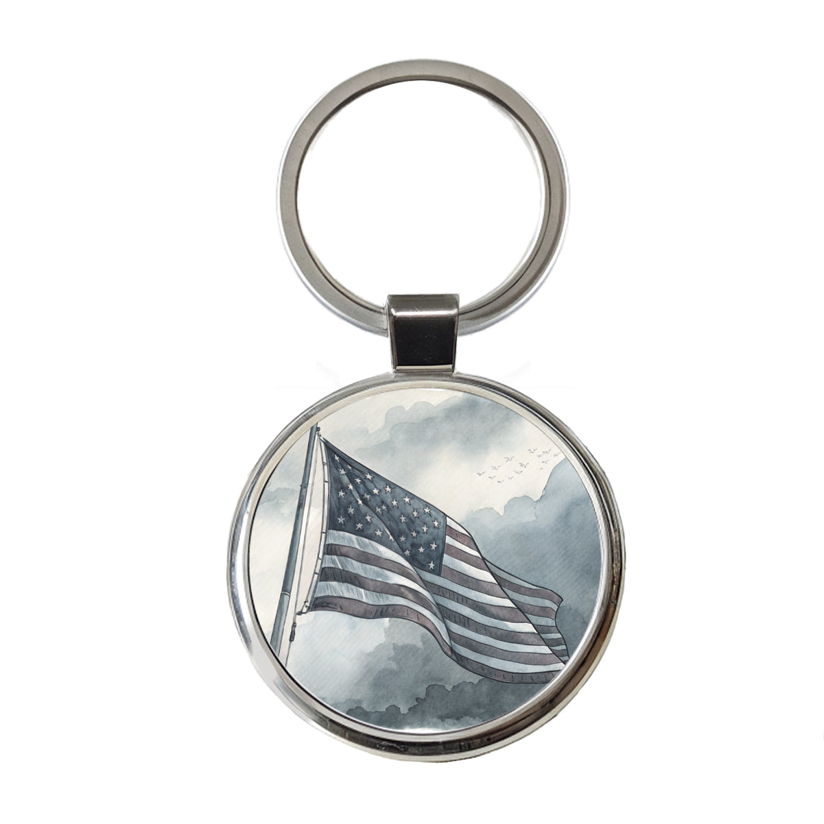 Gray American Flag Watercolor USA United States Round Metal Keychain