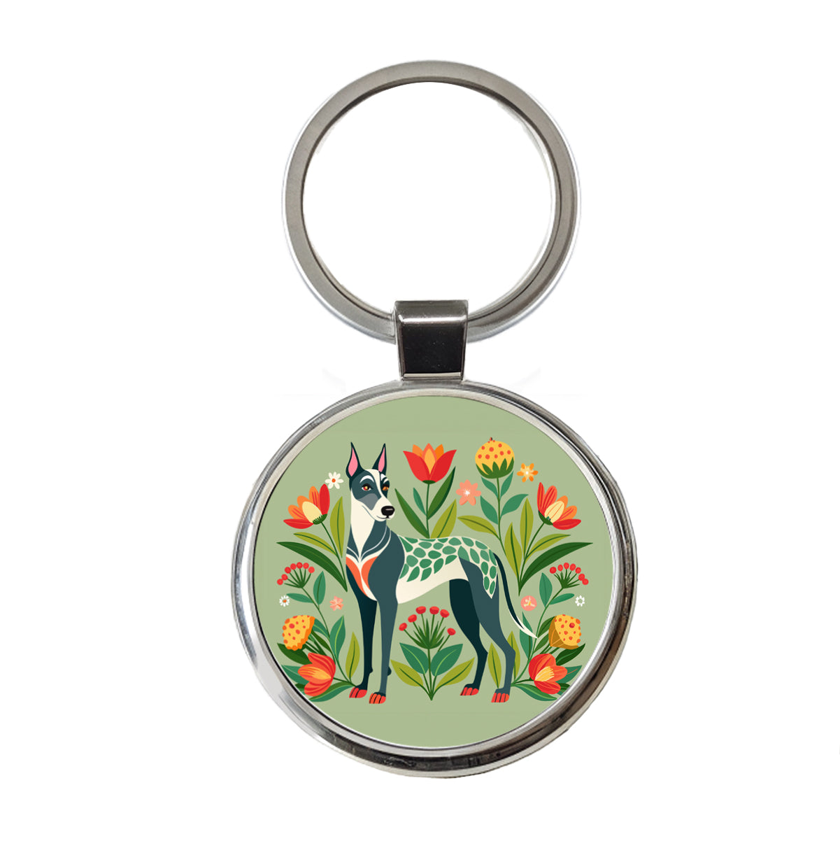Great Dane Floral Motif Dog Standing Round Metal Keychain