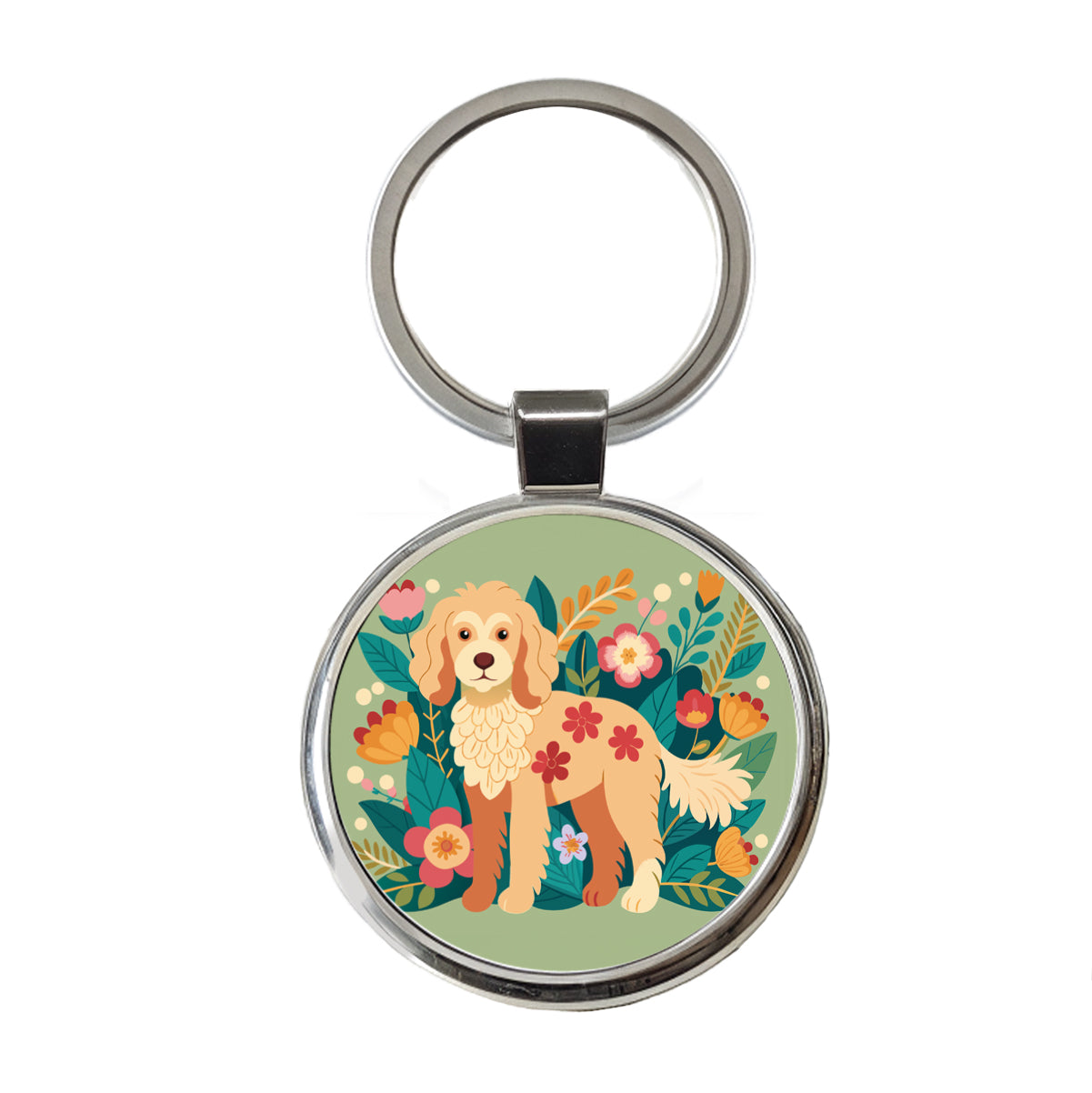 Labradoodle Floral Motif Dog Round Metal Keychain