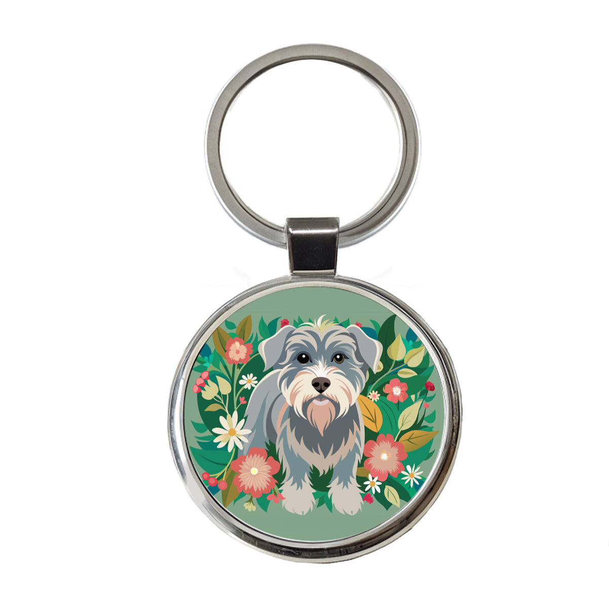 Schnoodle Floral Motif Green Dog Round Metal Keychain