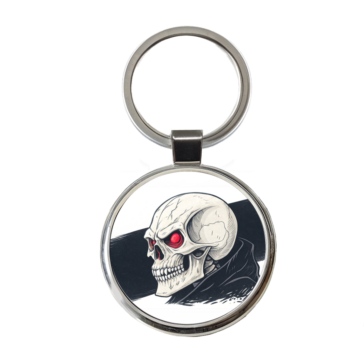 Skull With Red Eyes Menacing Round Metal Keychain