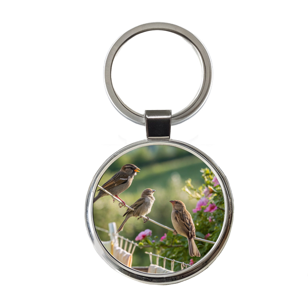 Birds On A Clothesline Round Metal Keychain