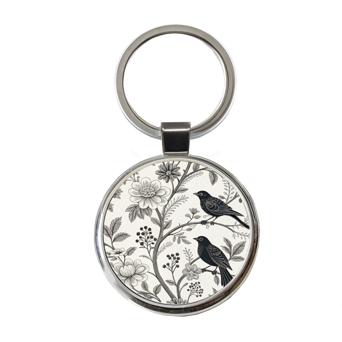 Black On White Toile With Birds Round Metal Keychain