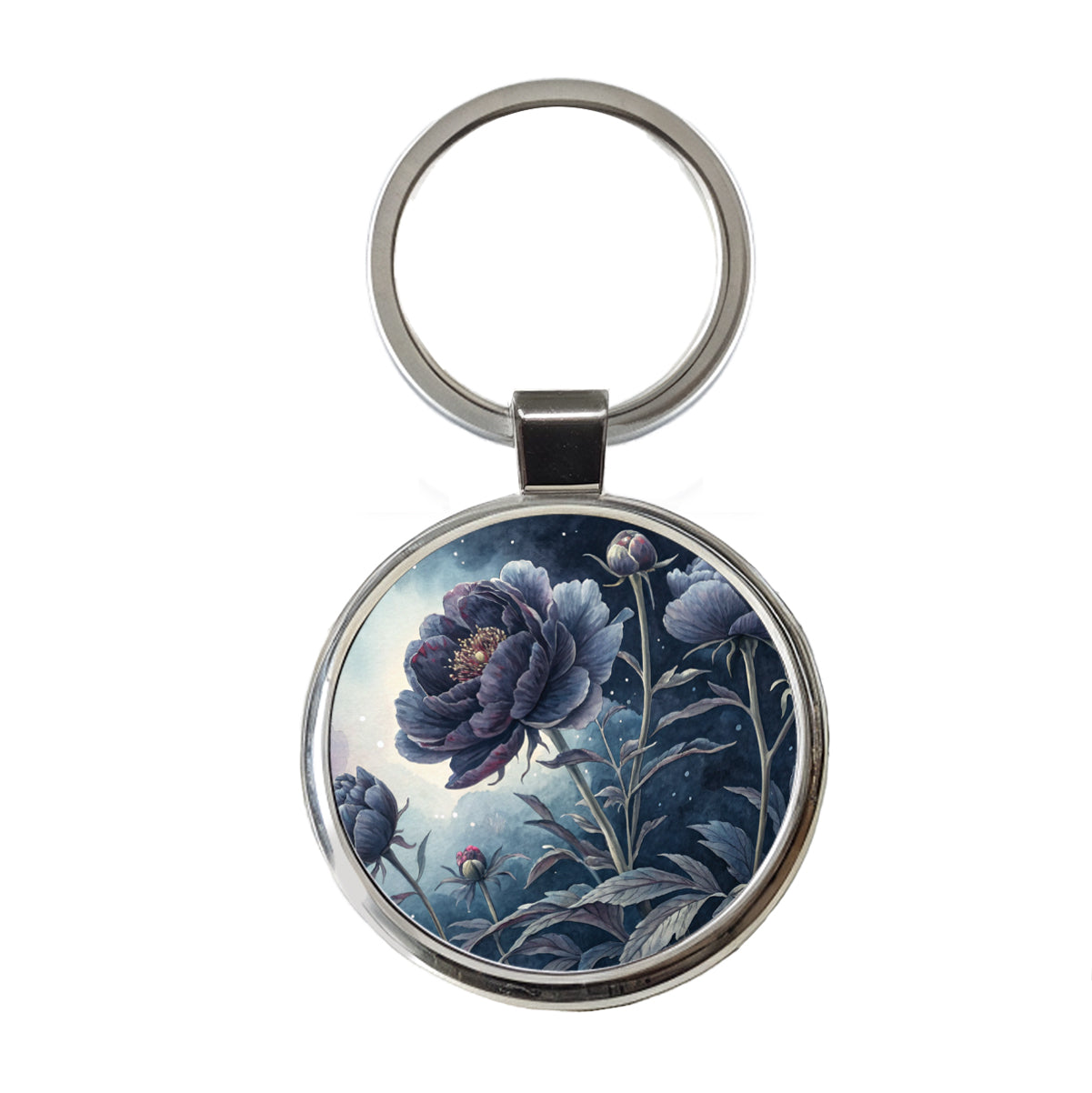 Black Peony Flowers Round Metal Keychain