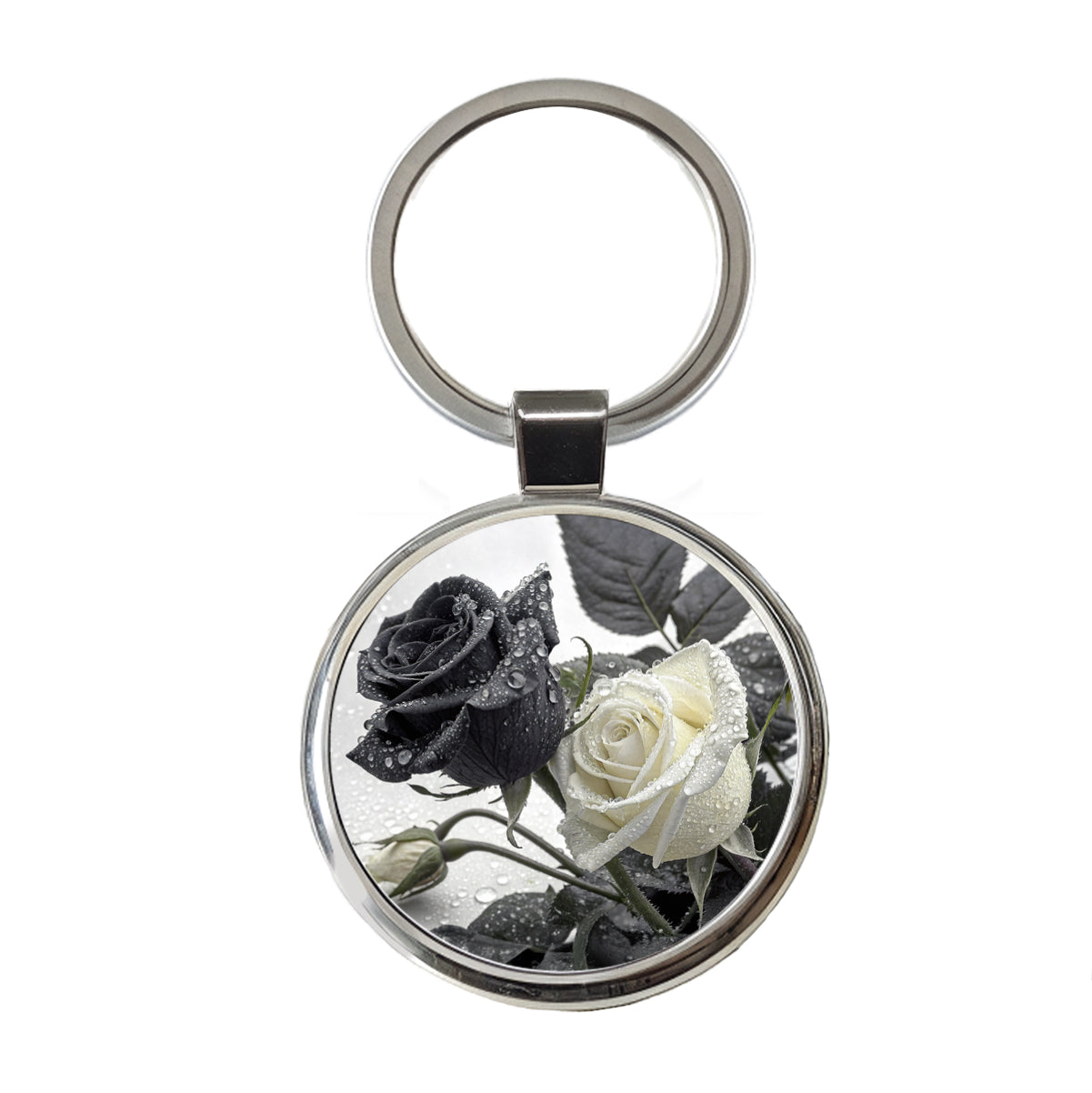 Black White Roses Dewy Round Metal Keychain