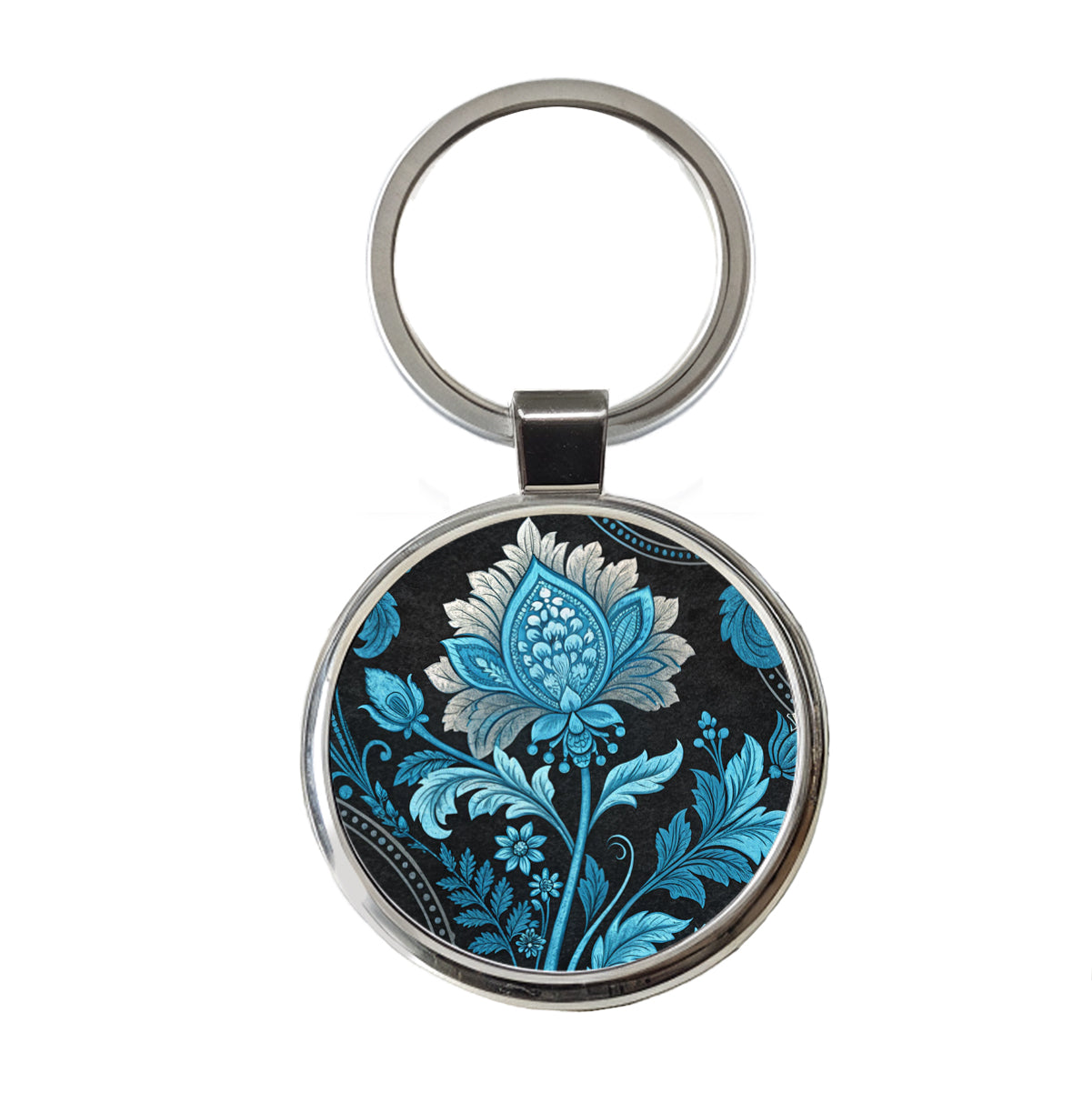 Blue Damask On Black Round Metal Keychain