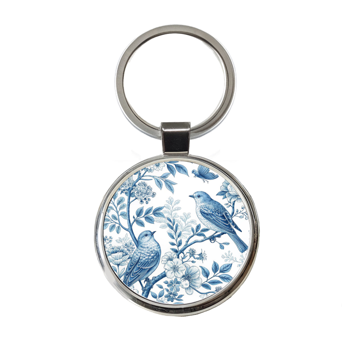 Blue On White Toile With Birds Round Metal Keychain