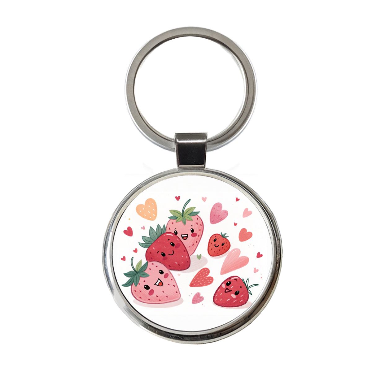 Kawaii Strawberries Hearts Round Metal Keychain