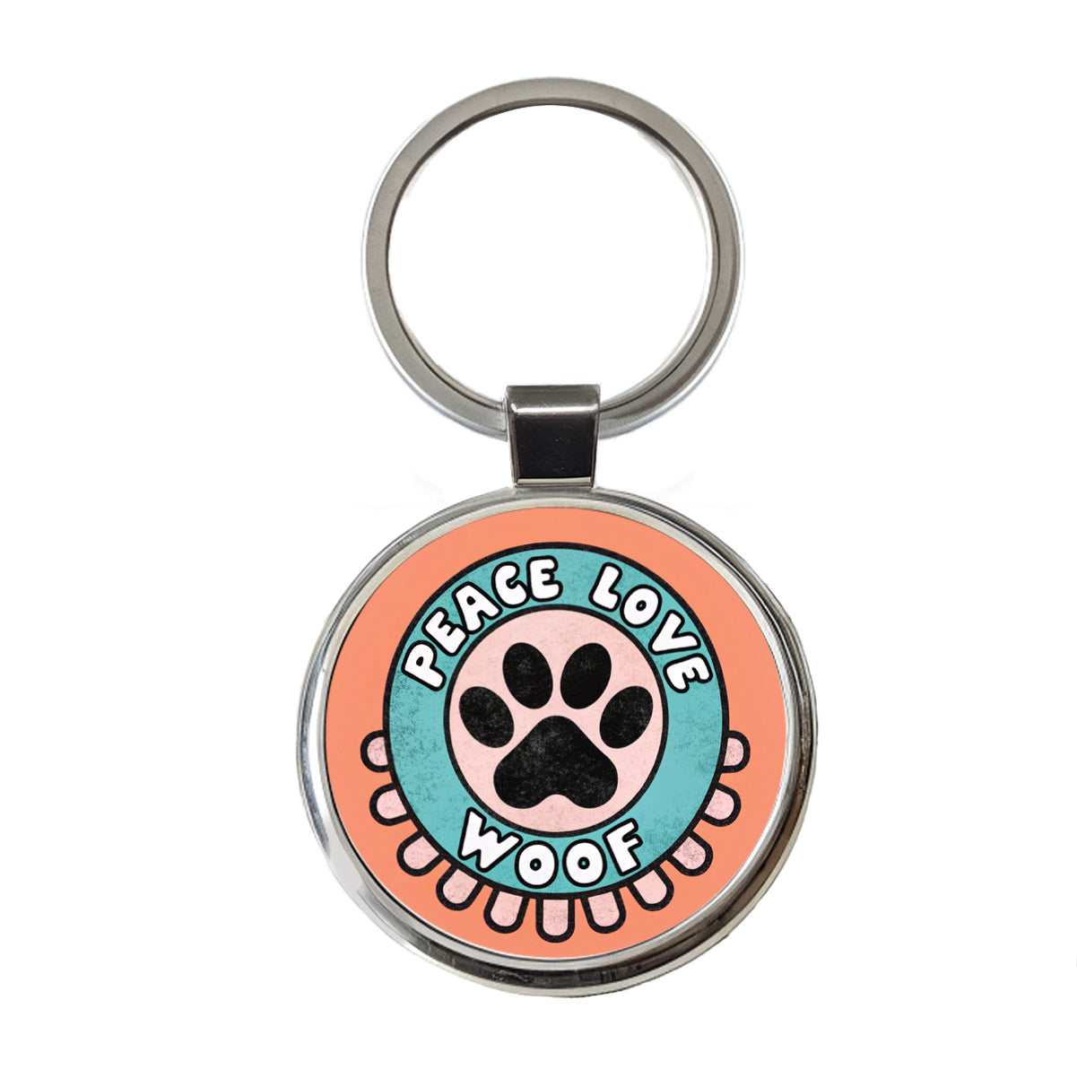 Peace Love Woof Dogs Paw Print Round Metal Keychain
