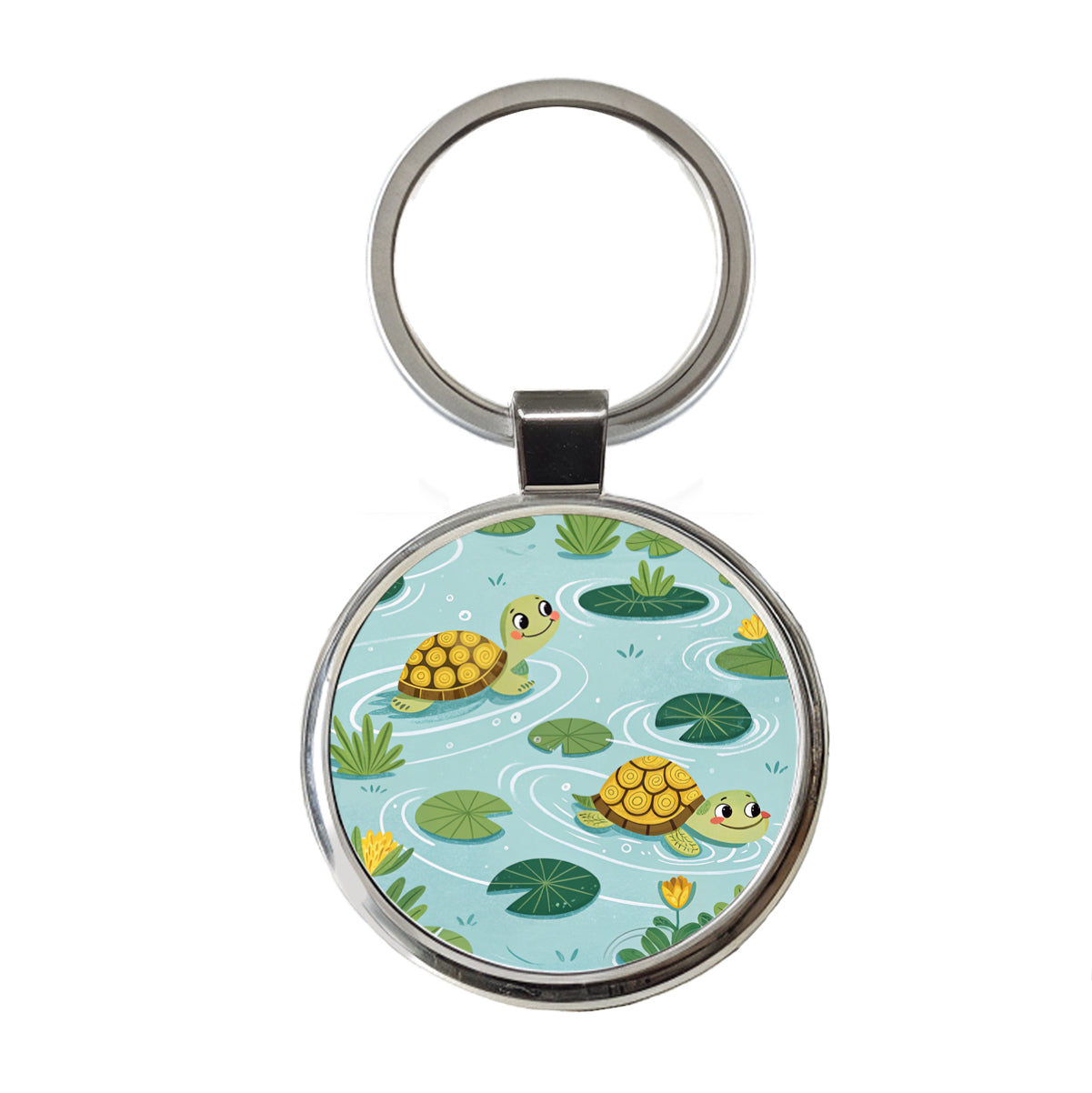 Turtles Swimming In Pond Round Metal Keychain