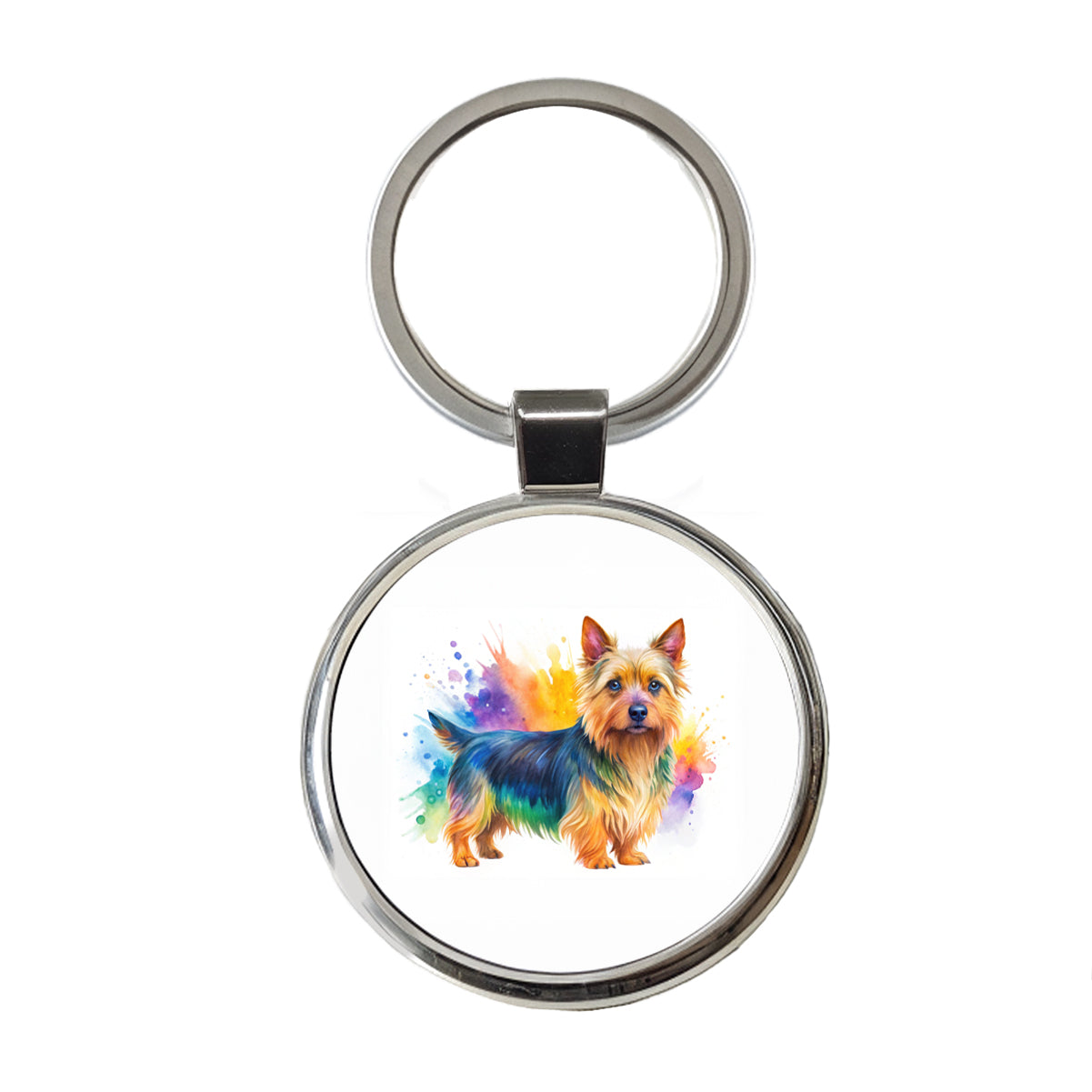 Australian Terrier Dog Watercolor Style Round Metal Keychain