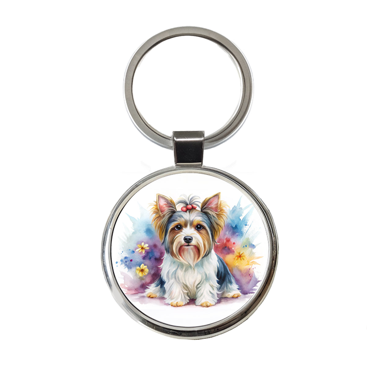 Biewer Terrier Dog Watercolor Style Round Metal Keychain