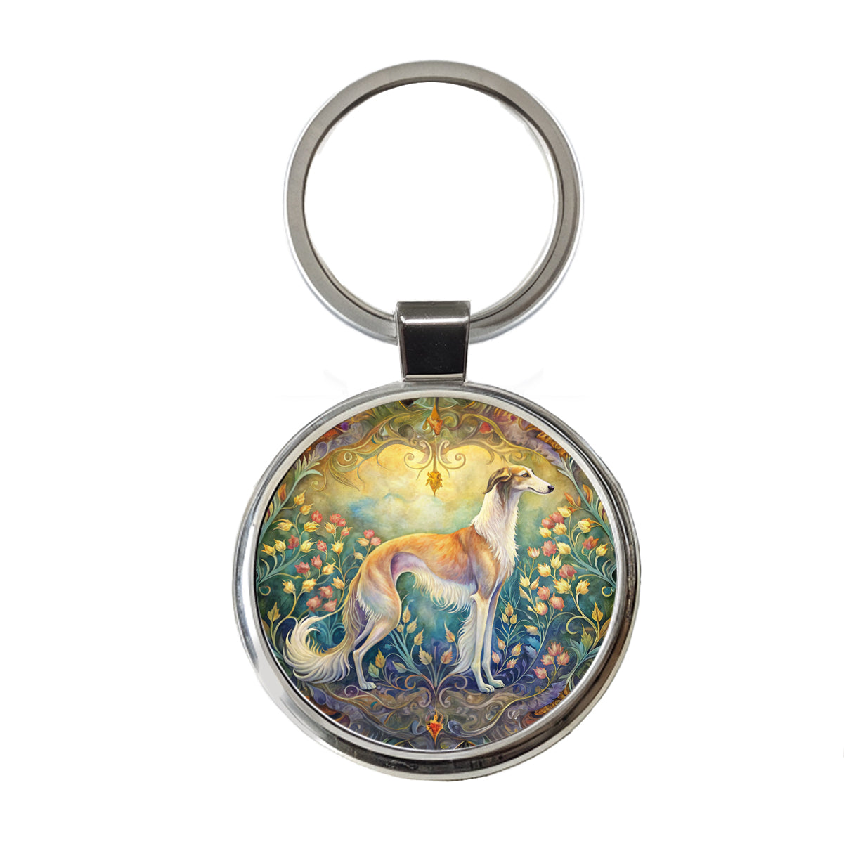 Borzoi Dog Art Nouveau Round Metal Keychain