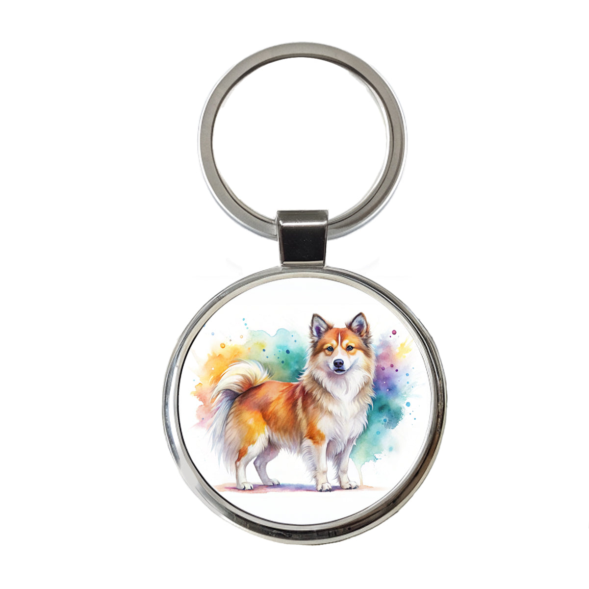 Icelandic Sheepdog Dog Watercolor Style Round Metal Keychain