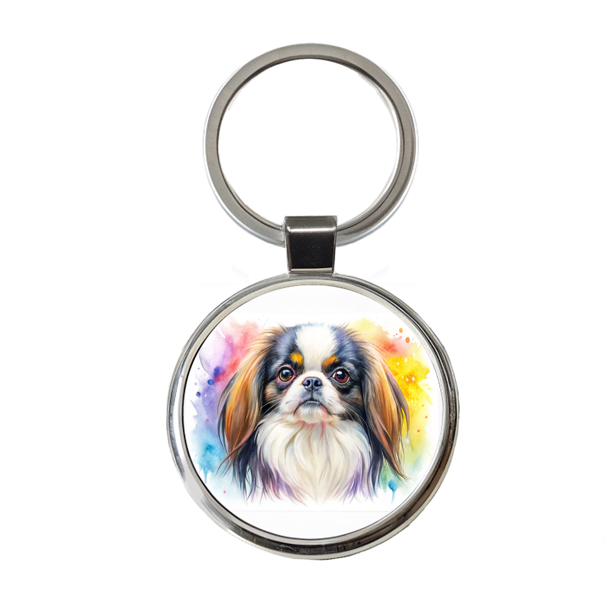 Japanese Chin Dog Watercolor Style Round Metal Keychain