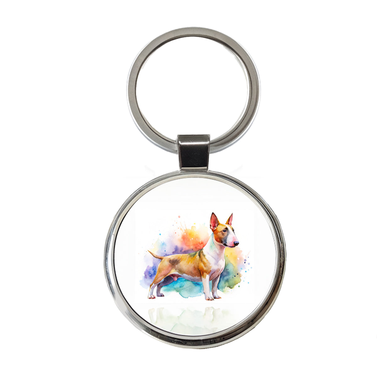 Miniature Bull Terrier Dog Watercolor Style Round Metal Keychain