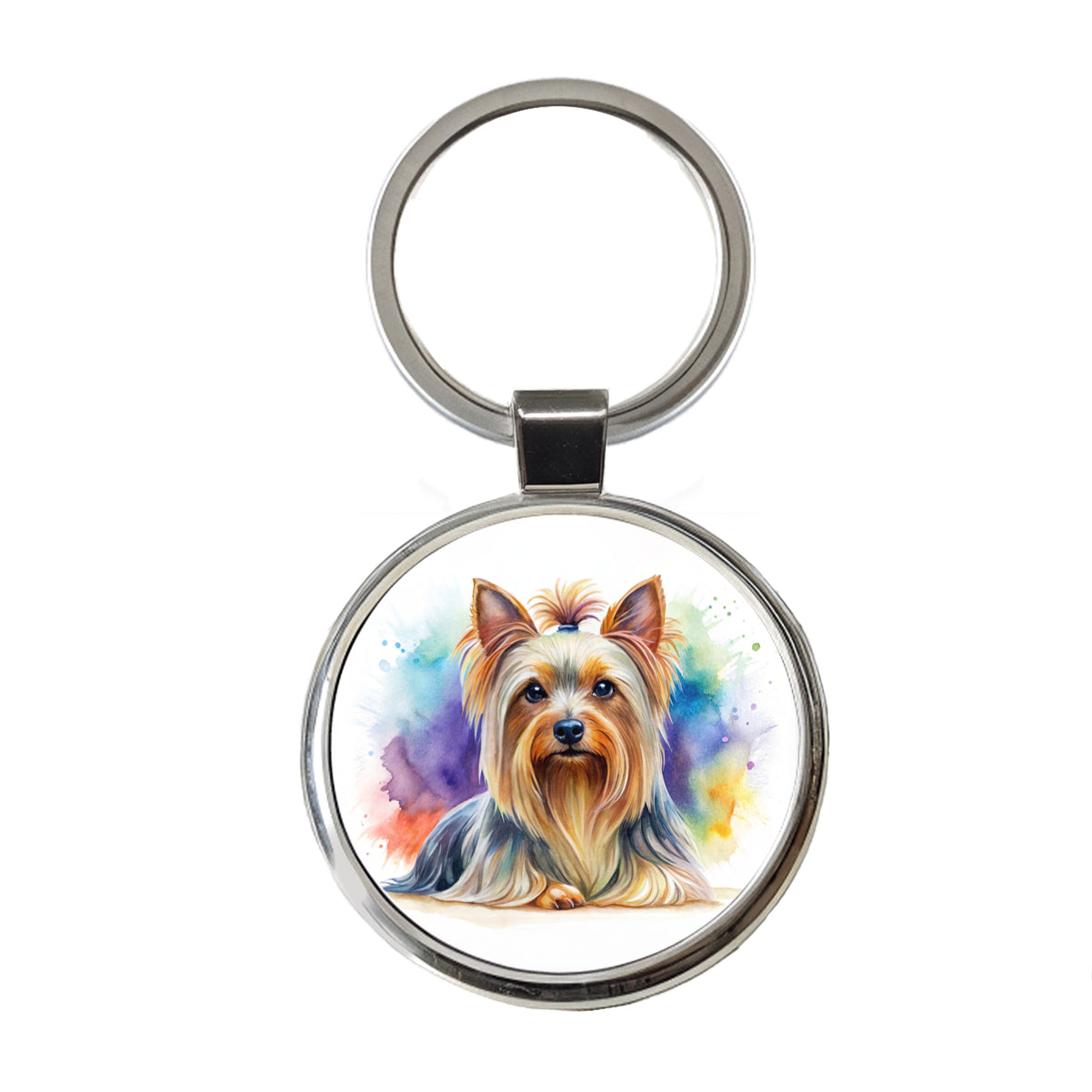 Silky Terrier Dog Watercolor Style Round Metal Keychain
