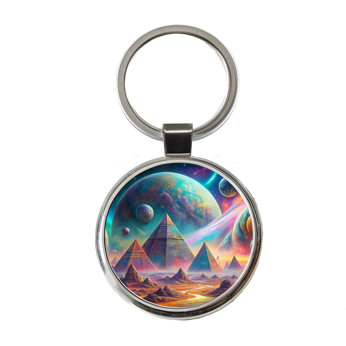 Psychedelic Alien Planet With Pyramids Vibrant Colors Round Metal Keychain