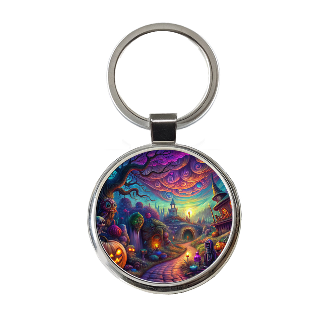 Psychedelic Halloween Town Scene Vibrant Colors Round Metal Keychain