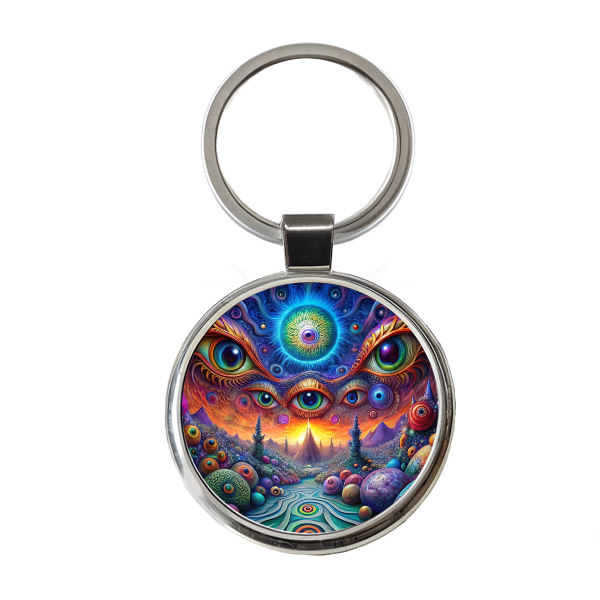 Psychedelic Lots of Eyes Vibrant Colors Round Metal Keychain