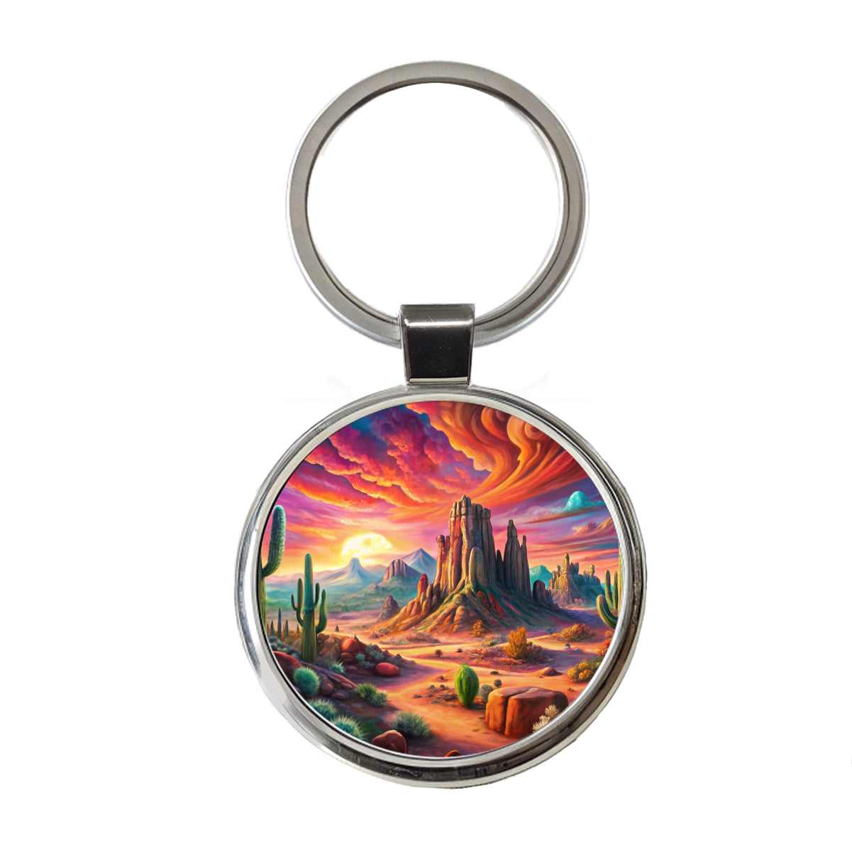 Psychedelic Southwest Desert Scene Round Metal Keychain