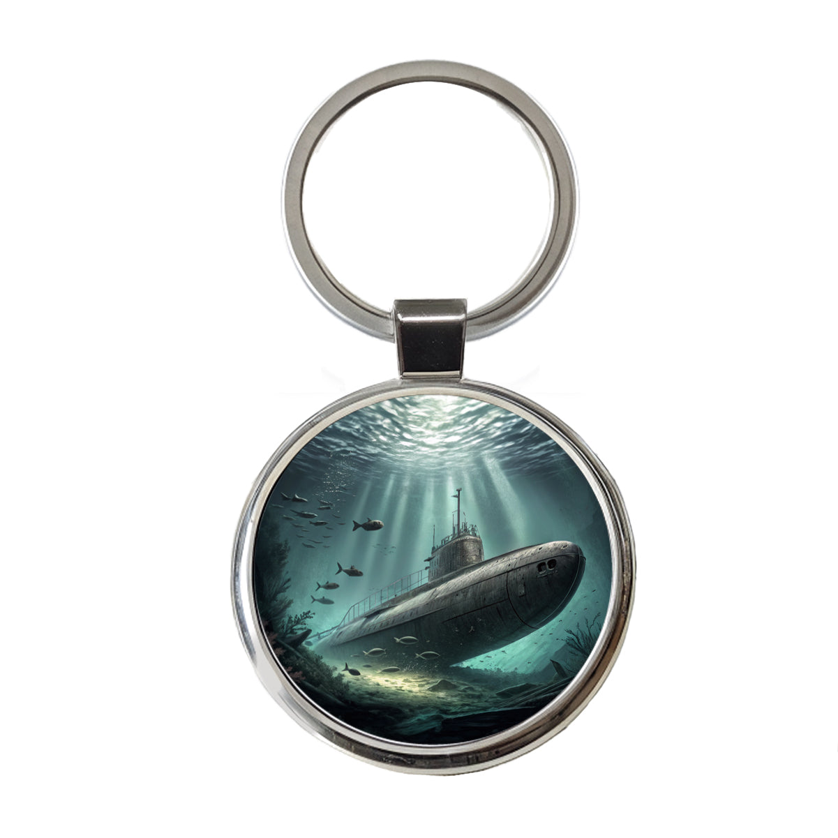 WWII Submarine Submerged Underwater Round Metal Keychain