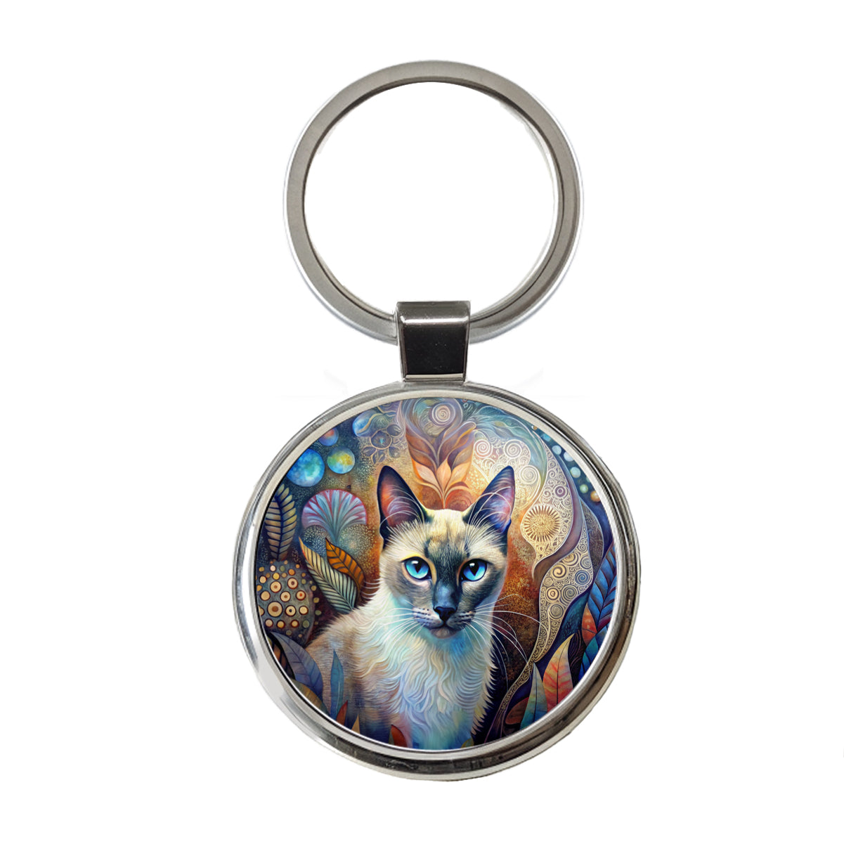Balinese Cat Abstract Art Round Metal Keychain
