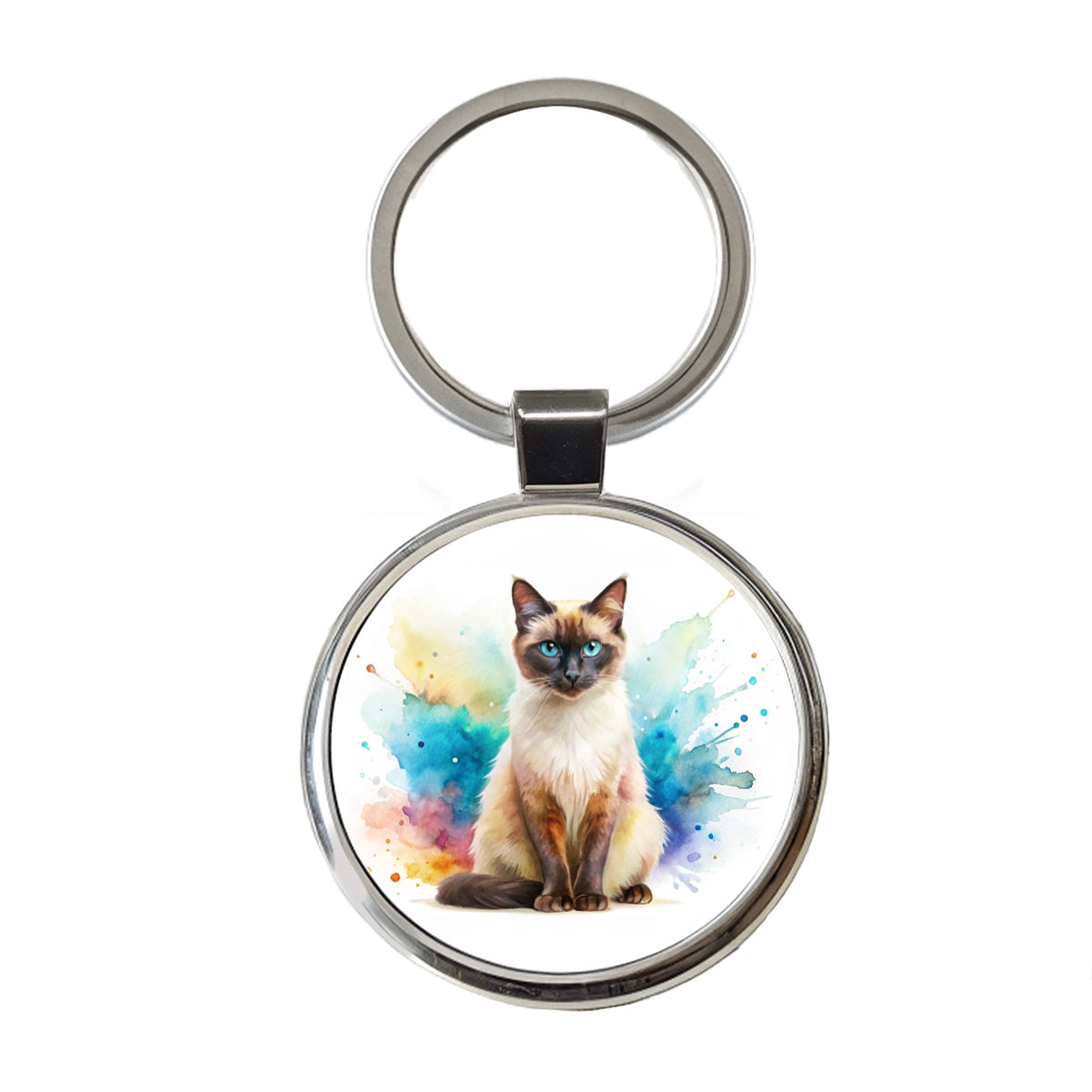 Balinese Cat Watercolor Style Round Metal Keychain