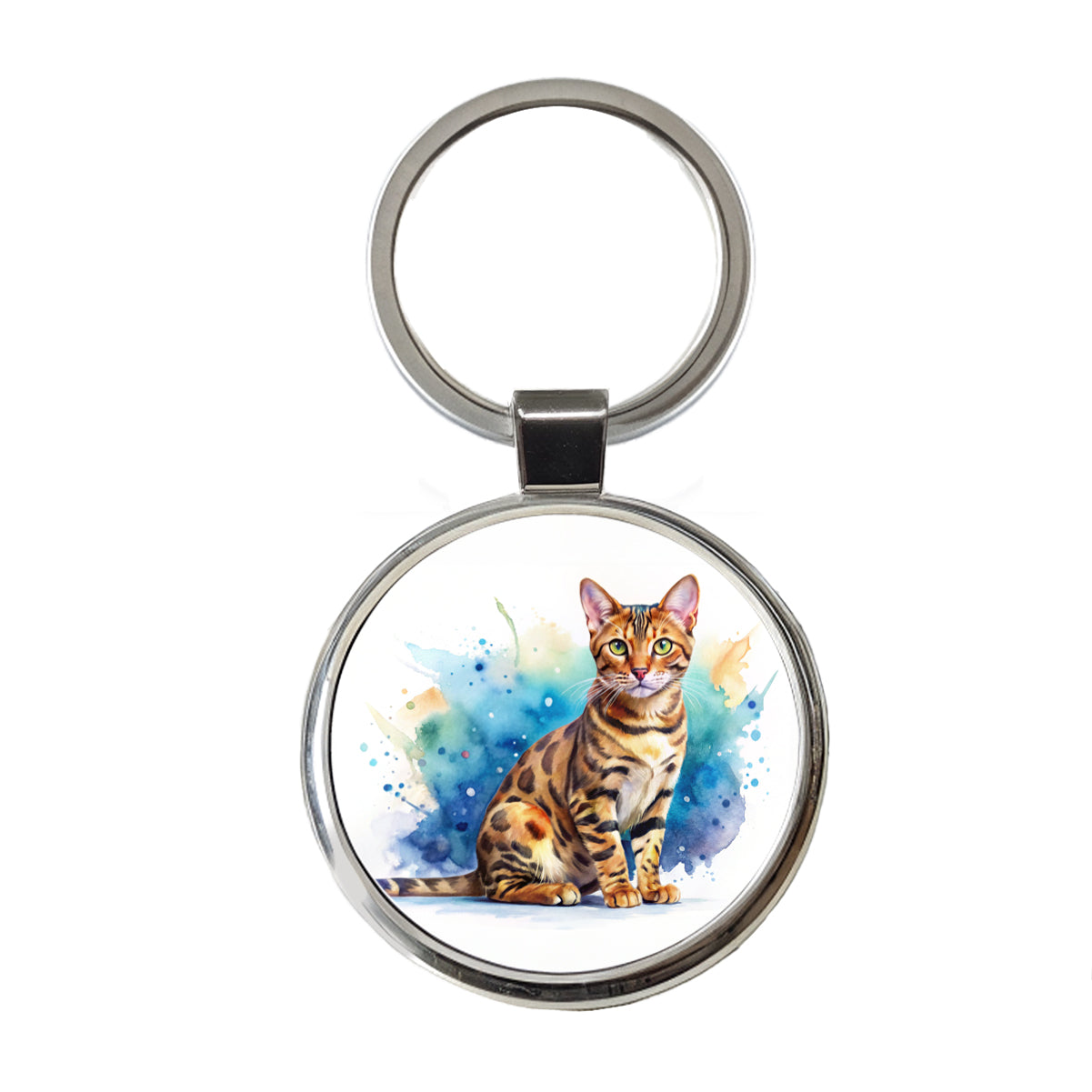 Bengal Cat Watercolor Style Round Metal Keychain