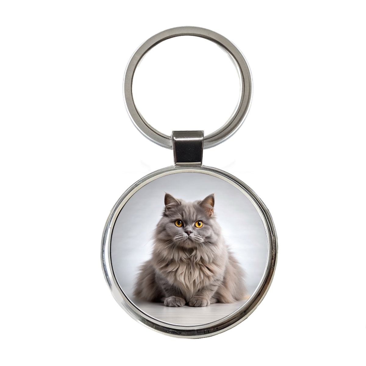 British Longhair Gray Cat Photo Round Metal Keychain