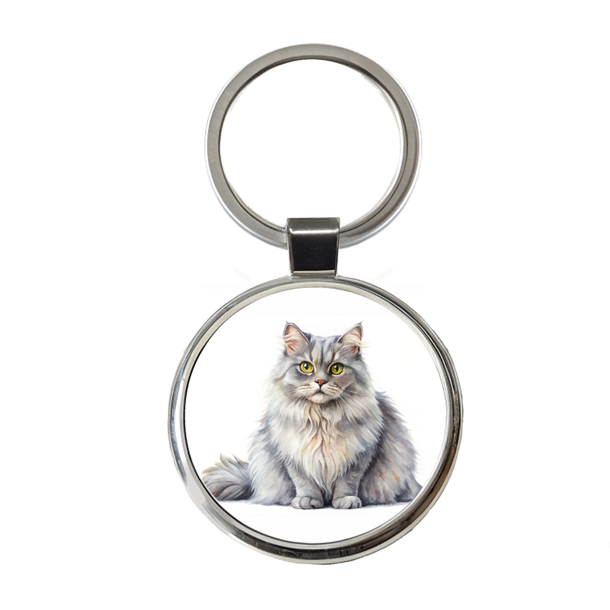 British Longhair Gray Cat Watercolor Style Round Metal Keychain