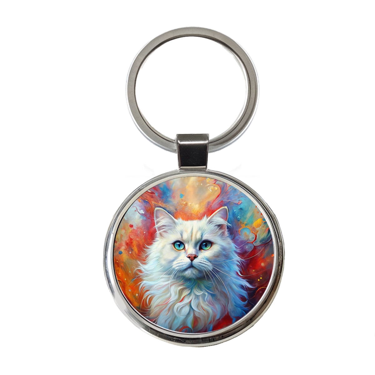 British Longhair White Cat Abstract Art Round Metal Keychain
