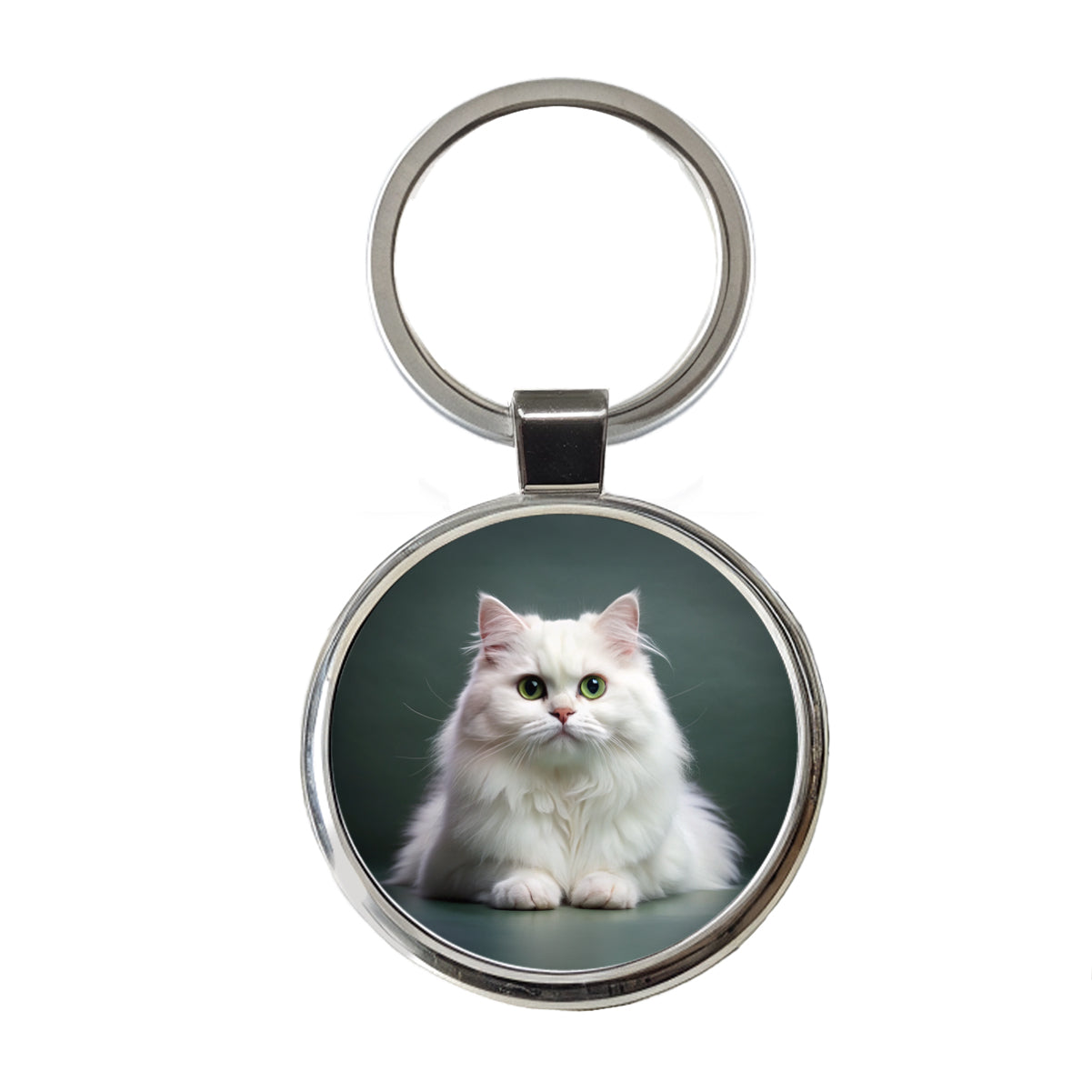 British Longhair White Cat Photo Round Metal Keychain