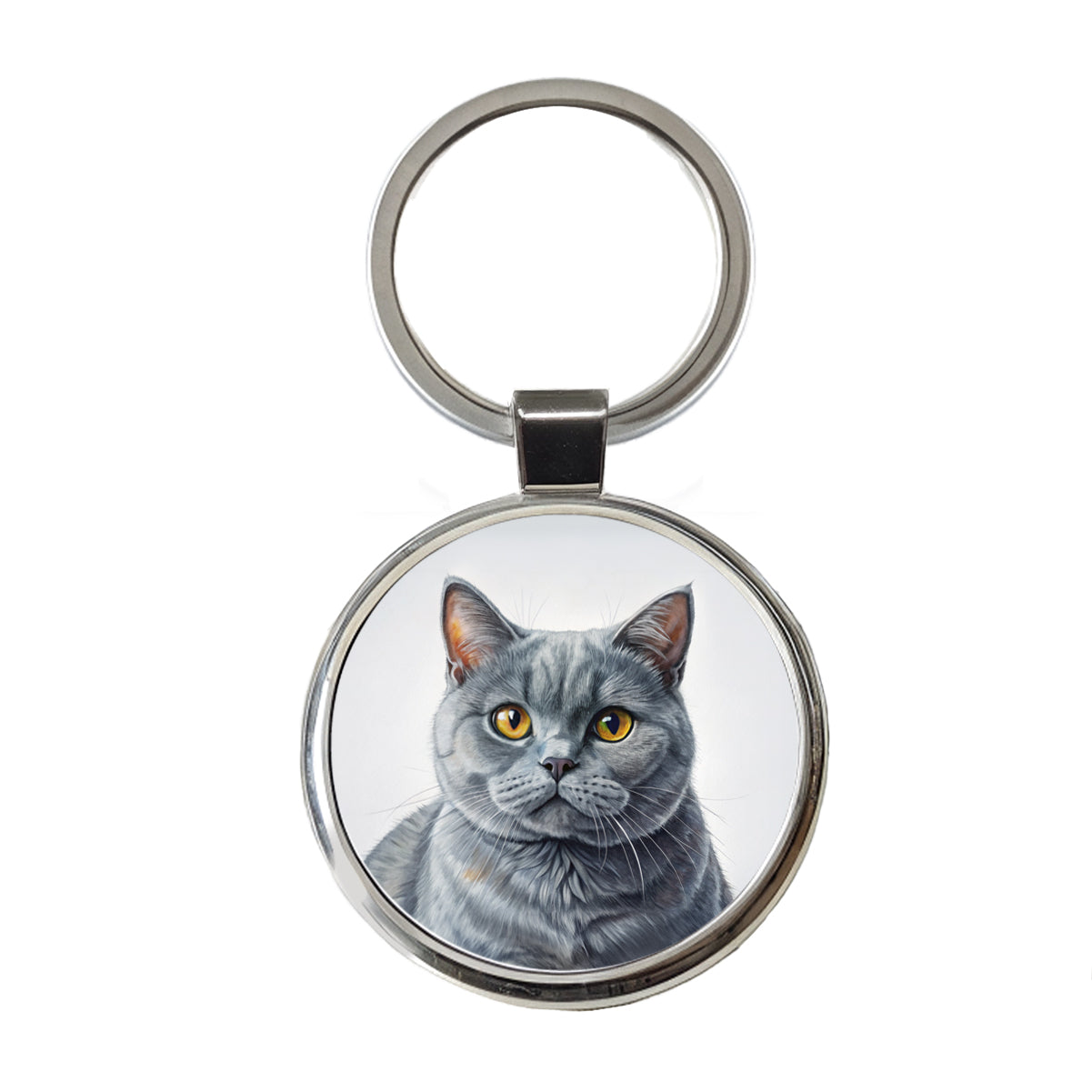 British Shorthair Gray Cat Illustration Round Metal Keychain