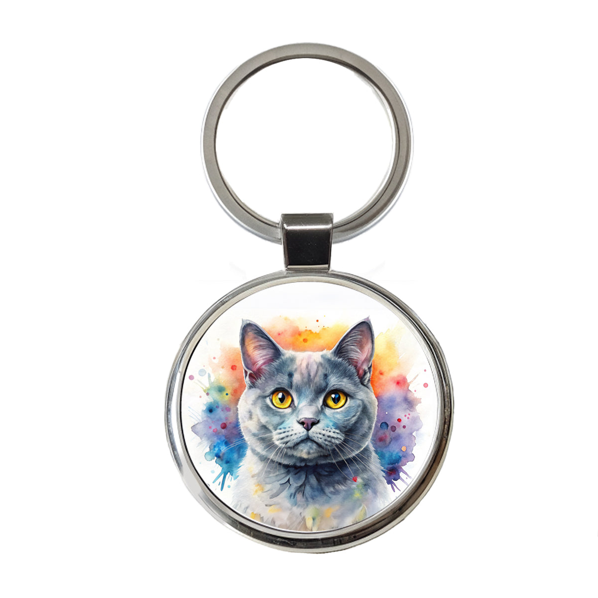 British Shorthair Gray Cat Watercolor Style Round Metal Keychain