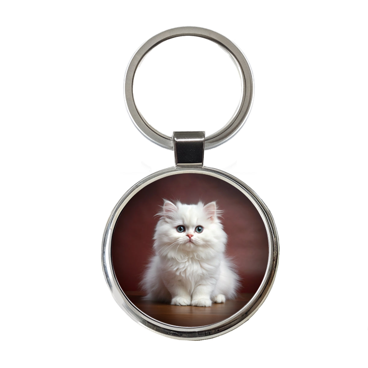 Classic Persian White Cat Kitten Photo Round Metal Keychain