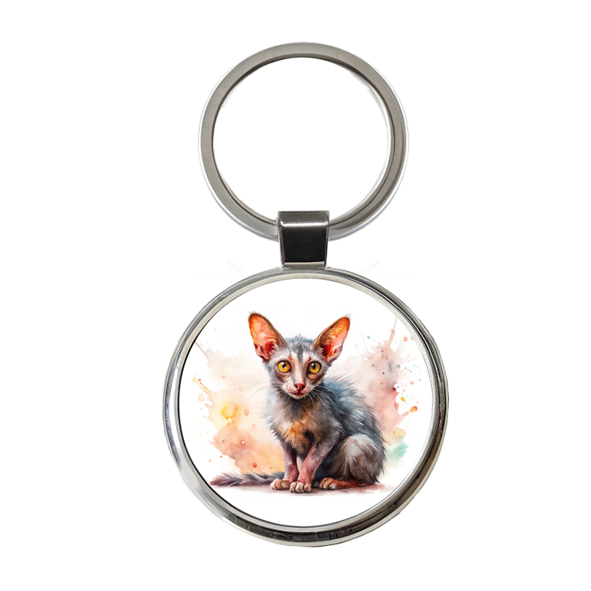 Lykoi Wolf Cat Watercolor Style Round Metal Keychain