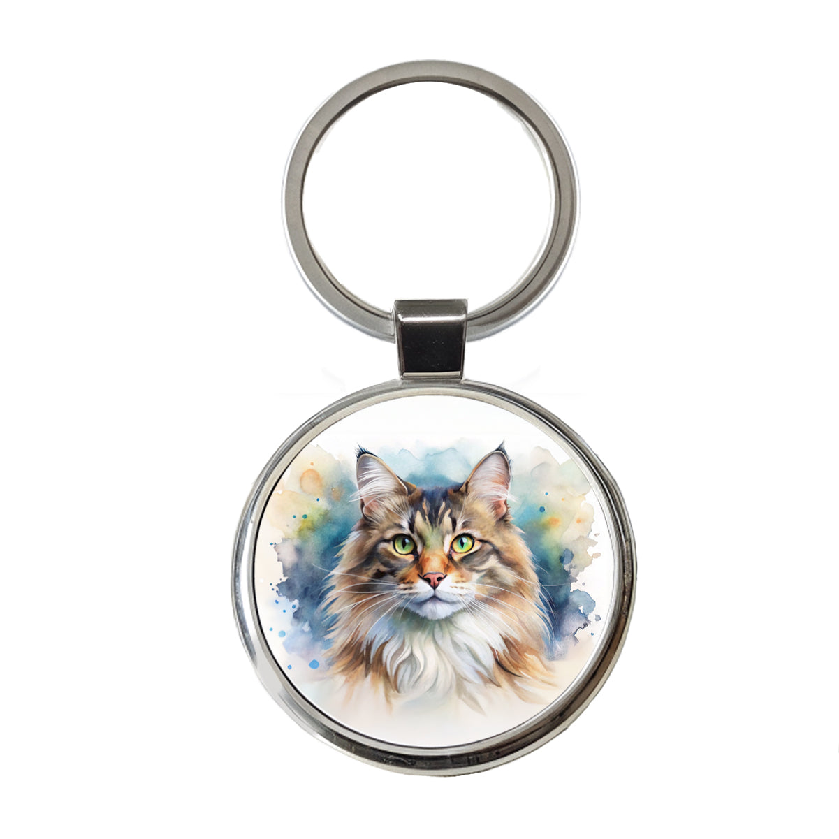 Norwegian Forest Cat Watercolor Style Round Metal Keychain
