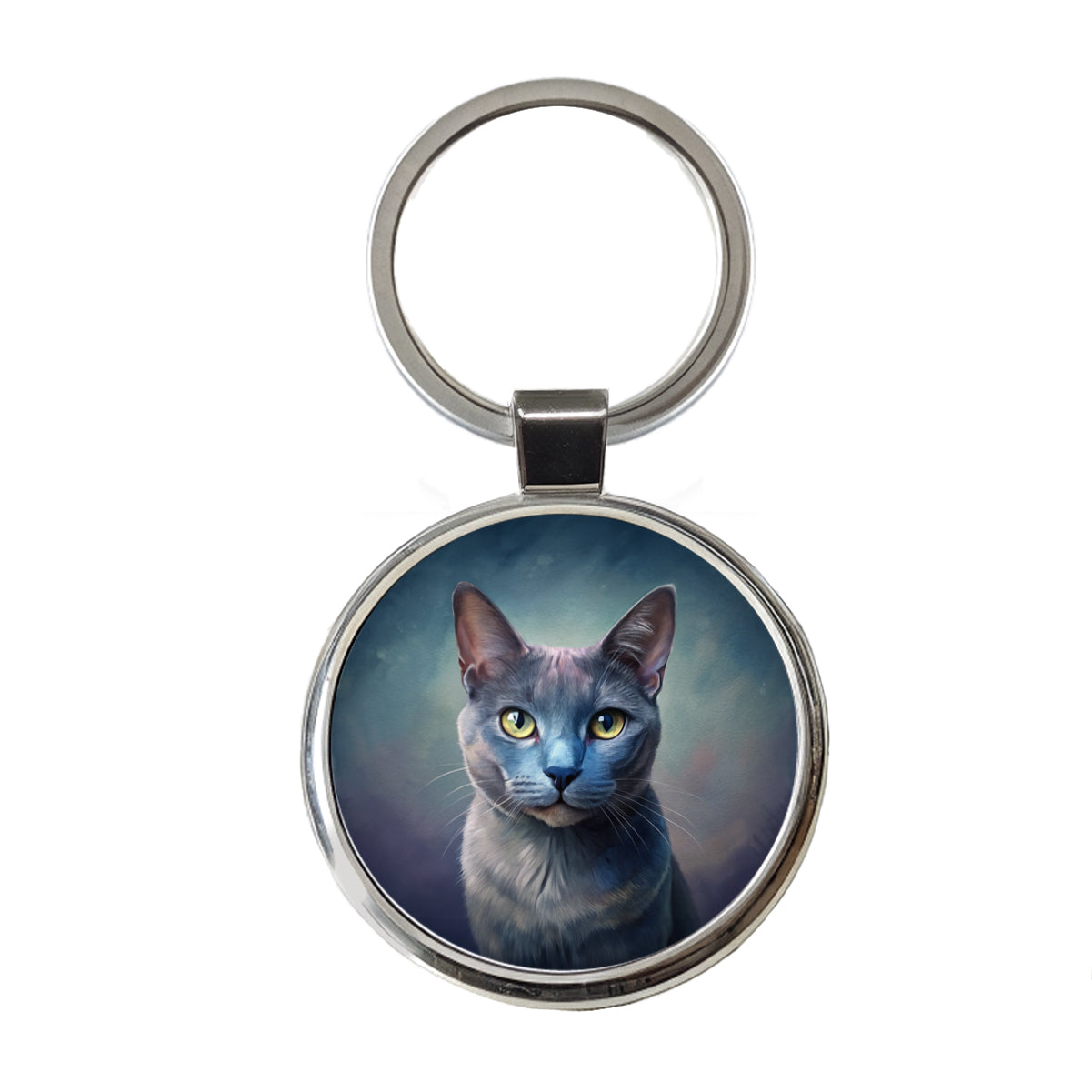 Russian Blue Cat Illustration Round Metal Keychain
