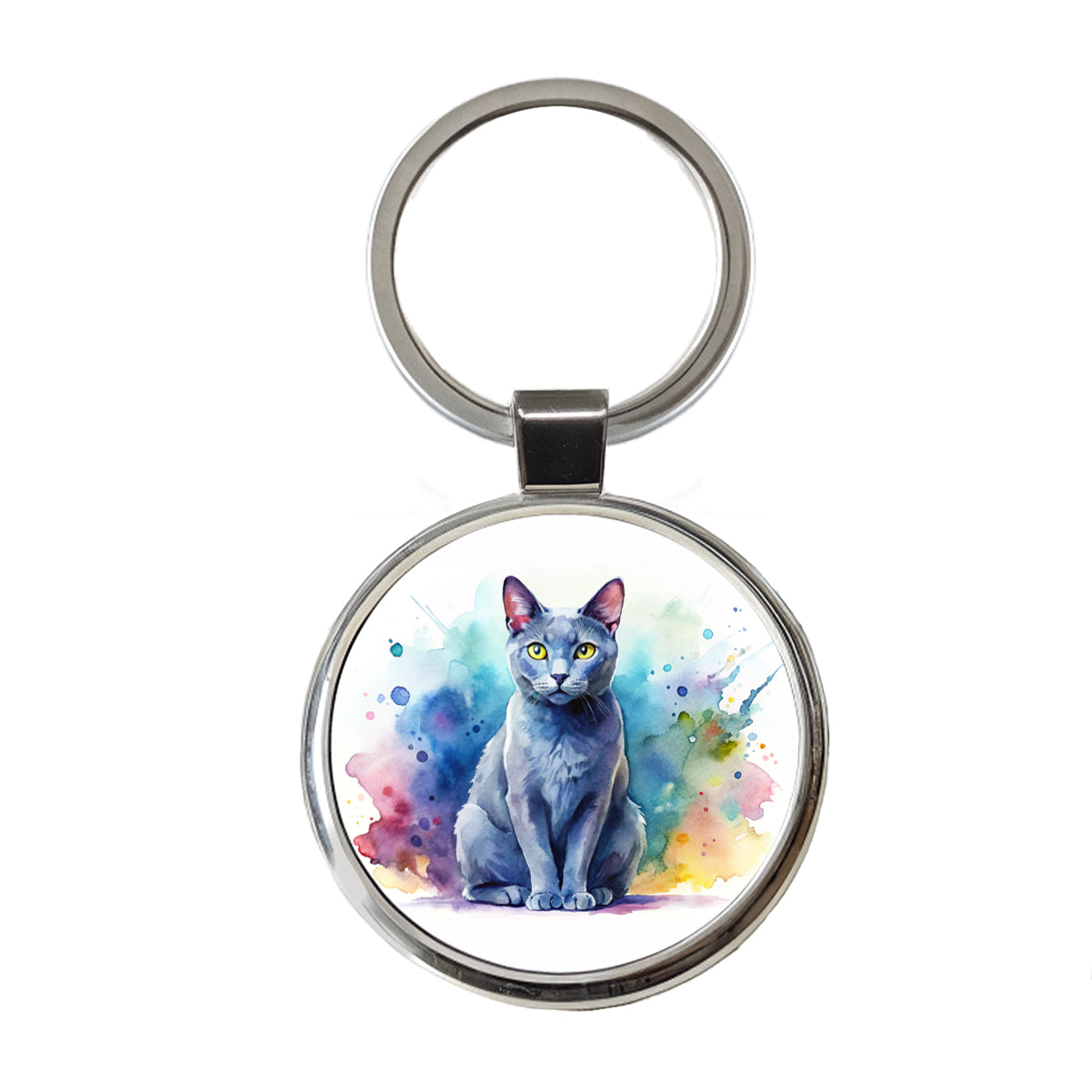 Russian Blue Cat Watercolor Style Round Metal Keychain