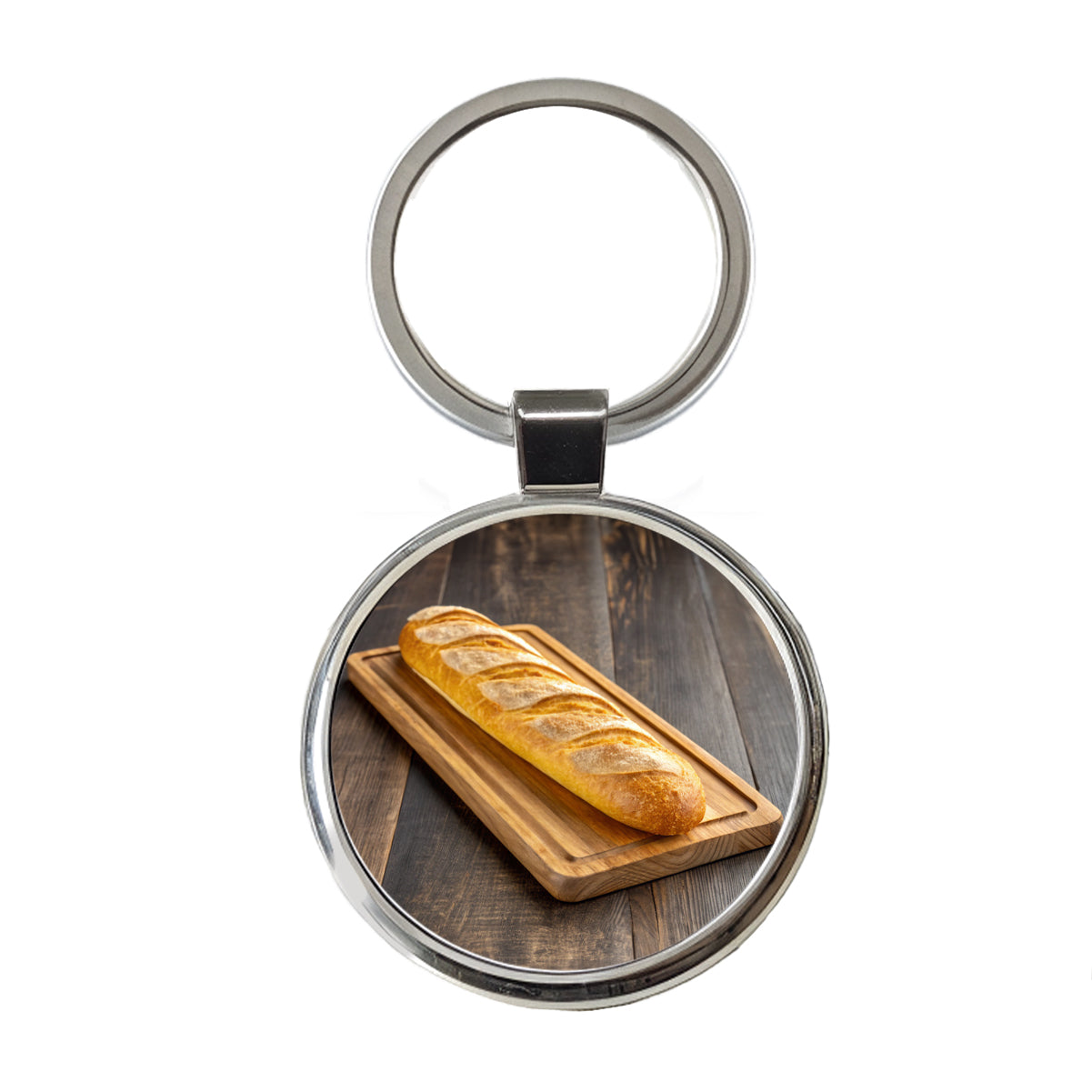 Baguette Bread Board Round Metal Keychain