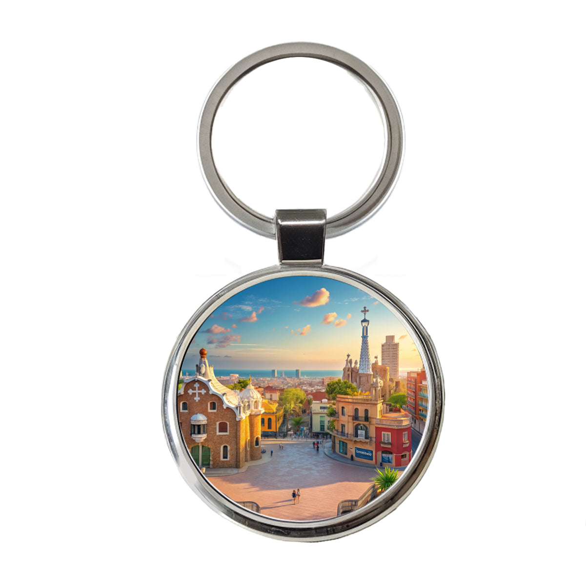 Barcelona Spain Ocean Round Metal Keychain
