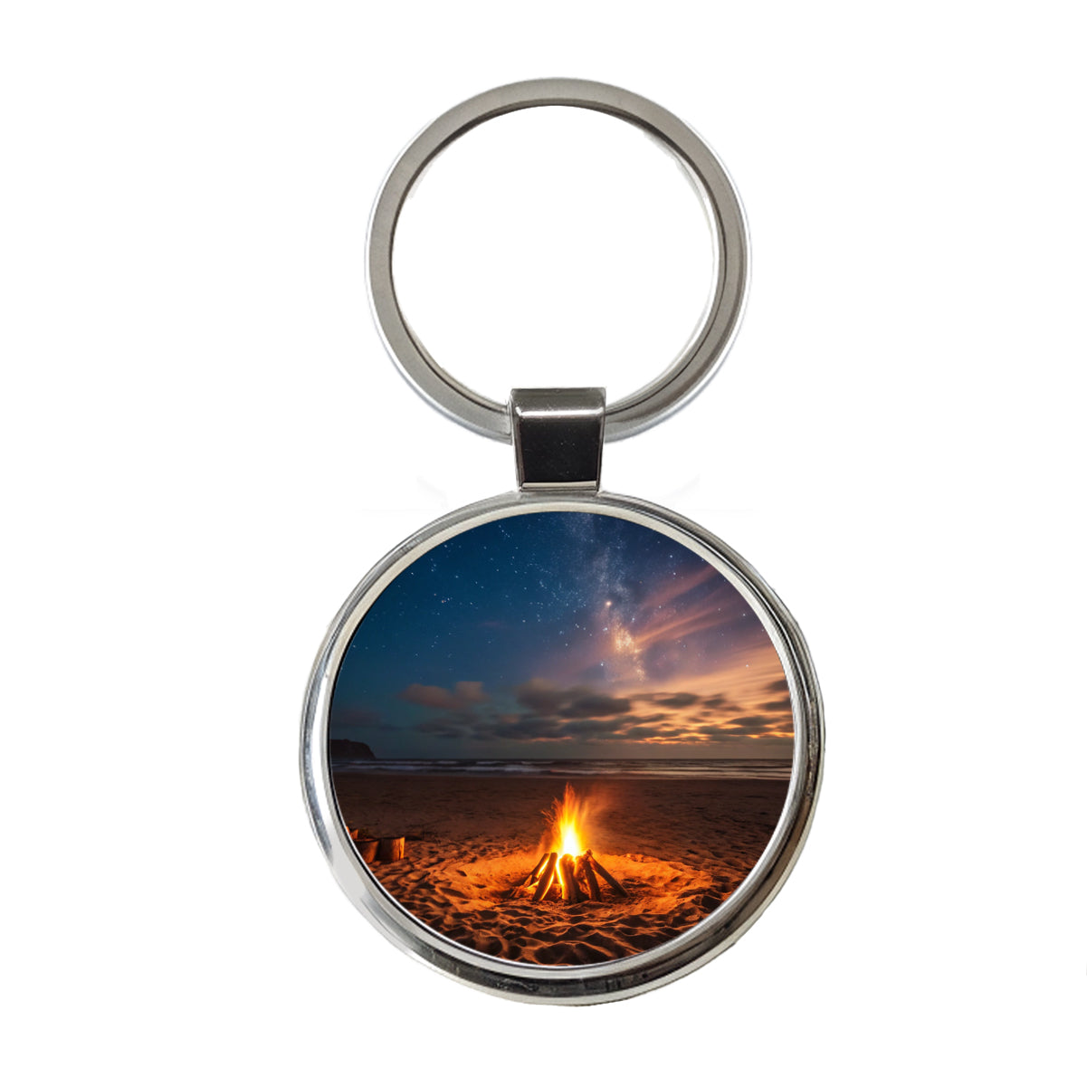 Beach Bonfire Scene Night Round Metal Keychain