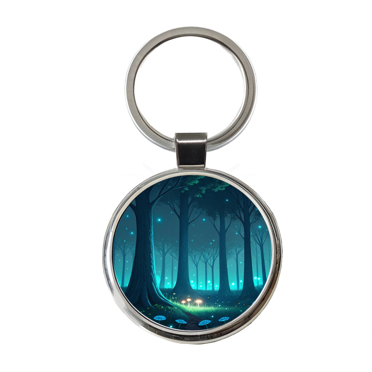 Bioluminescent Forest Mushrooms Trees Round Metal Keychain