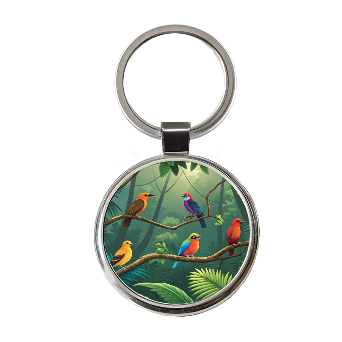 Birds In Jungle Colorful Round Metal Keychain