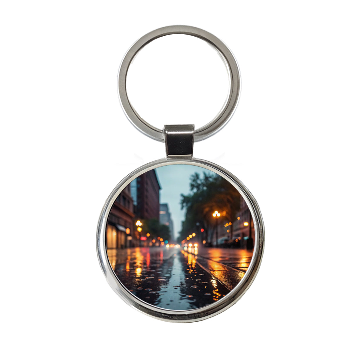Blurred Lights City Wet Street Round Metal Keychain