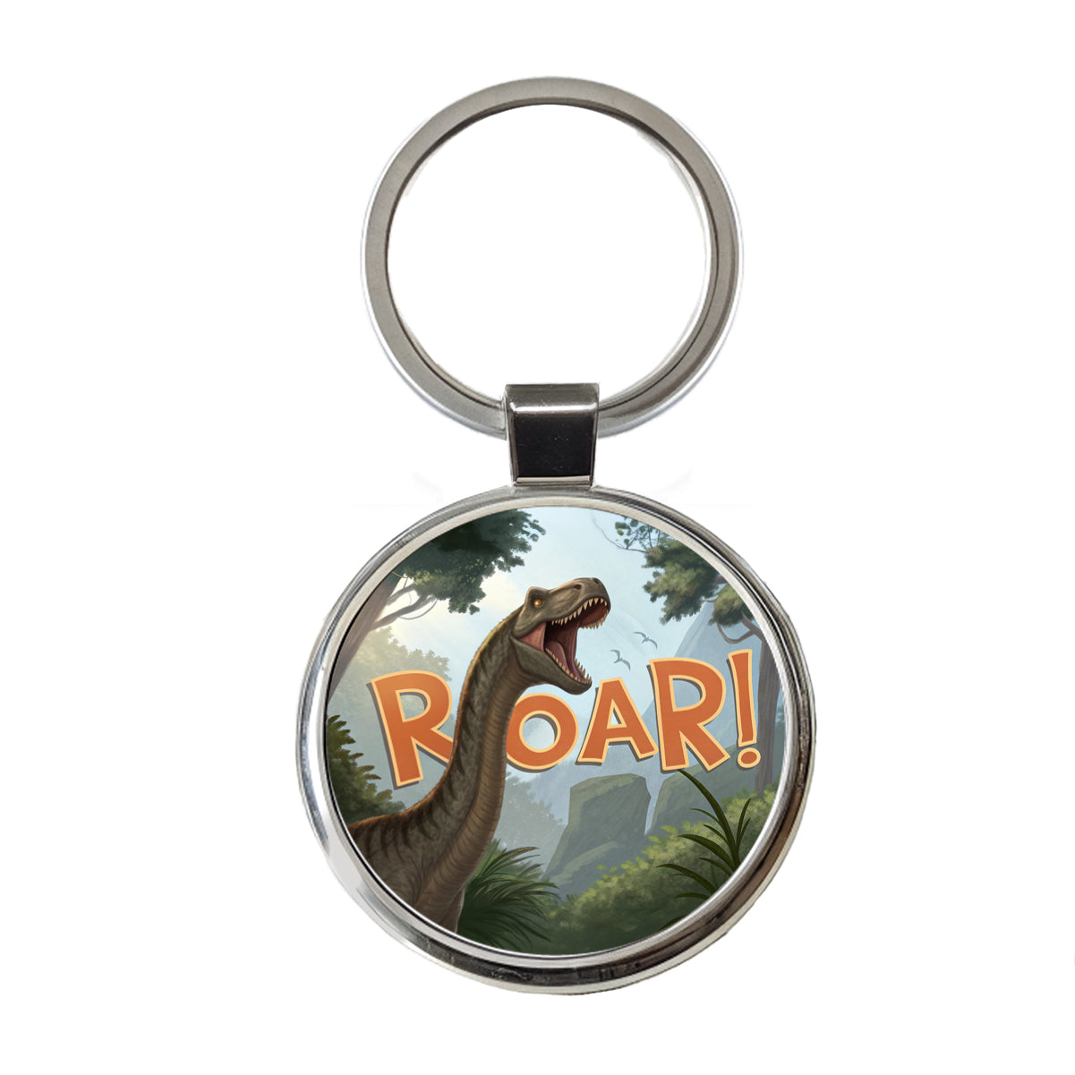 Brachiosaurus Roar Bold Text Dinosaur Round Metal Keychain