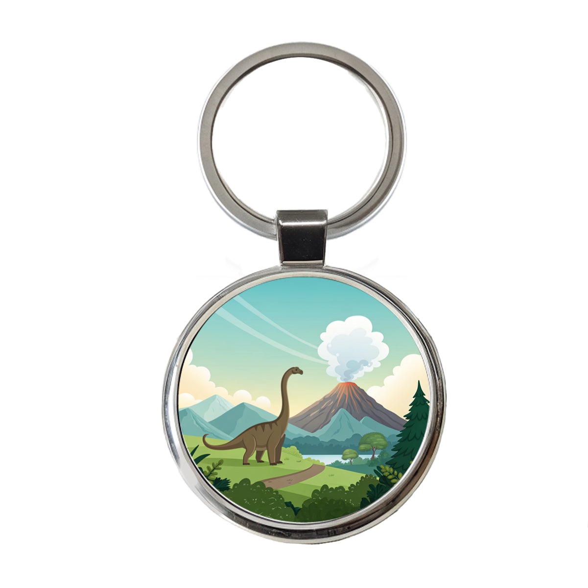 Brachiosaurus Volcano Erupting Dinosaur Round Metal Keychain