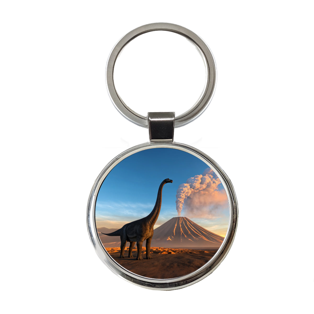 Brachiosaurus Volcano Sunset Dinosaur Round Metal Keychain